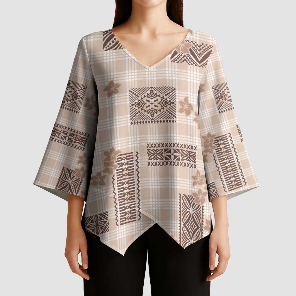 Hawaiian Quilt Tapa On Beige Palaka Motifs Kimono Sleeve Blouse
