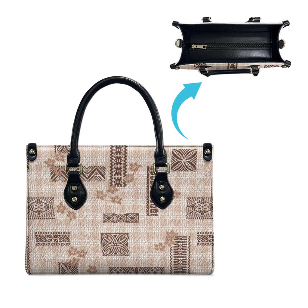 Hawaiian Quilt Tapa On Beige Palaka Motifs Leather Bag