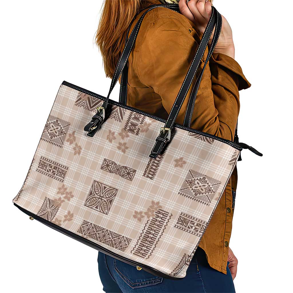 Hawaiian Quilt Tapa On Beige Palaka Motifs Leather Tote Bag