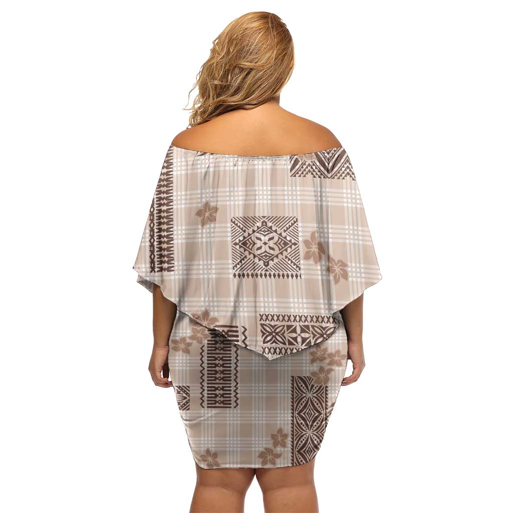 Hawaiian Quilt Tapa On Beige Palaka Motifs Off Shoulder Short Dress