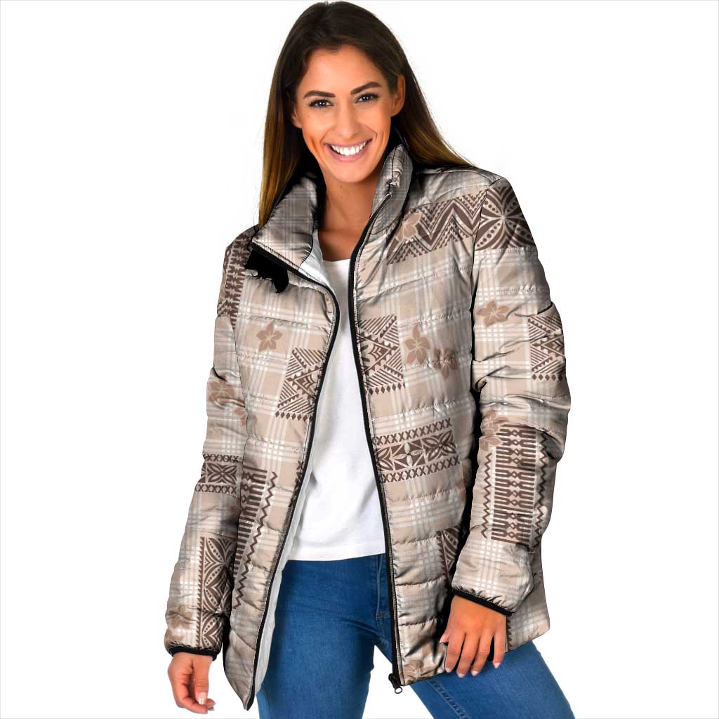 Hawaiian Quilt Tapa On Beige Palaka Motifs Padded Jacket