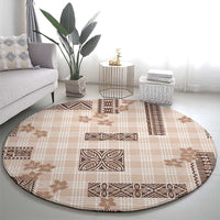 Hawaiian Quilt Tapa On Beige Palaka Motifs Round Carpet