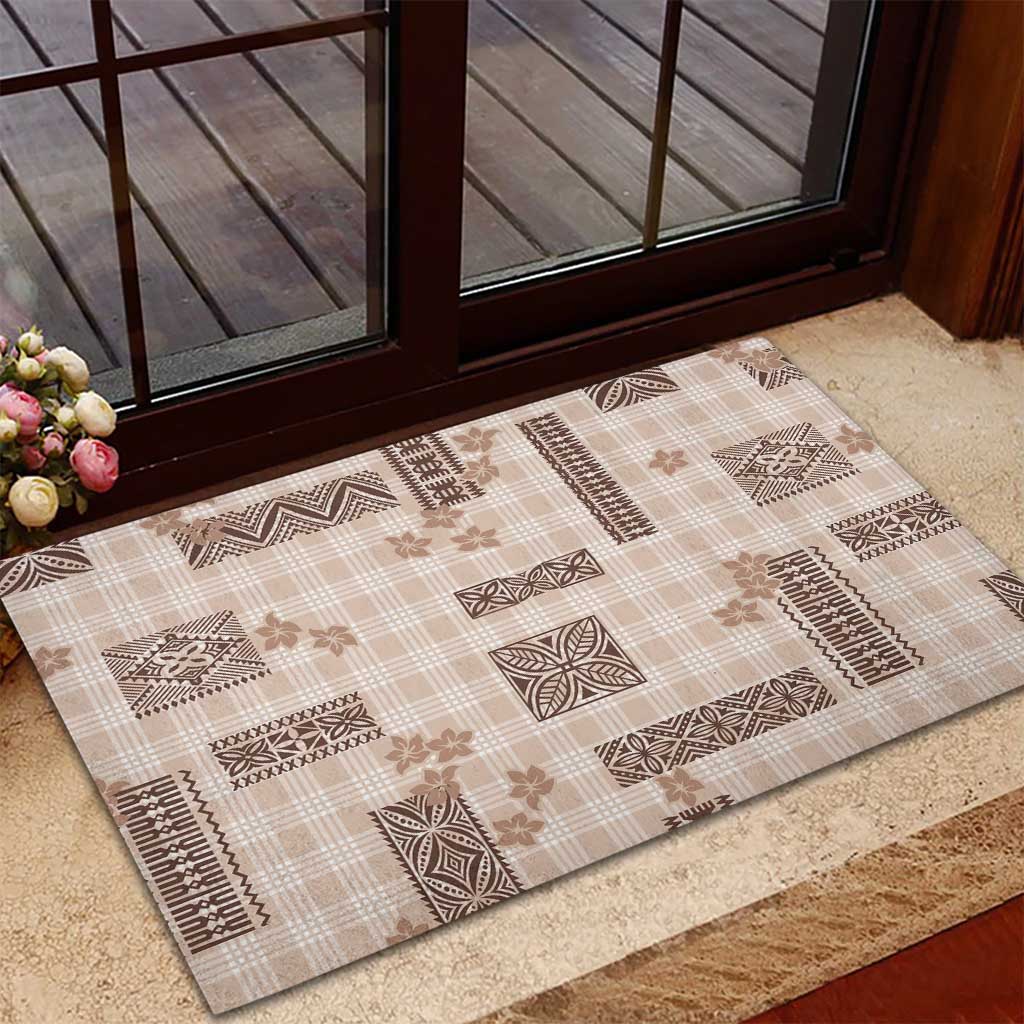 Hawaiian Quilt Tapa On Beige Palaka Motifs Rubber Doormat
