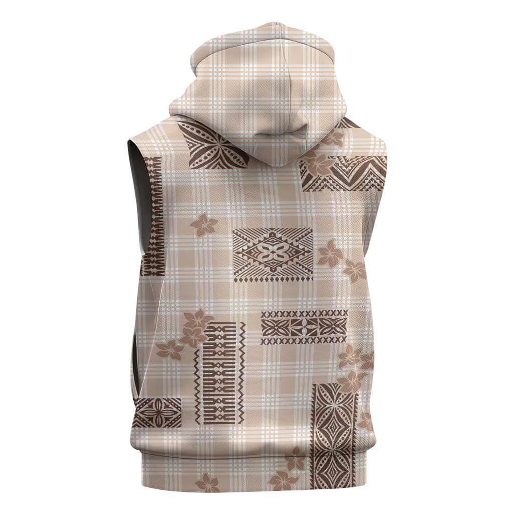 Hawaiian Quilt Tapa On Beige Palaka Motifs Sleeveless Hoodie LT7 - Polynesian Pride
