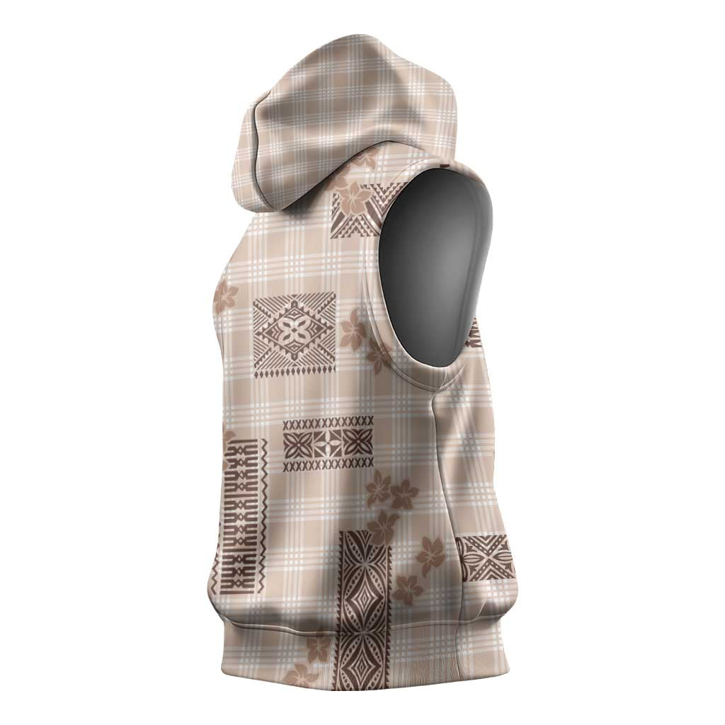 Hawaiian Quilt Tapa On Beige Palaka Motifs Sleeveless Hoodie LT7 - Polynesian Pride