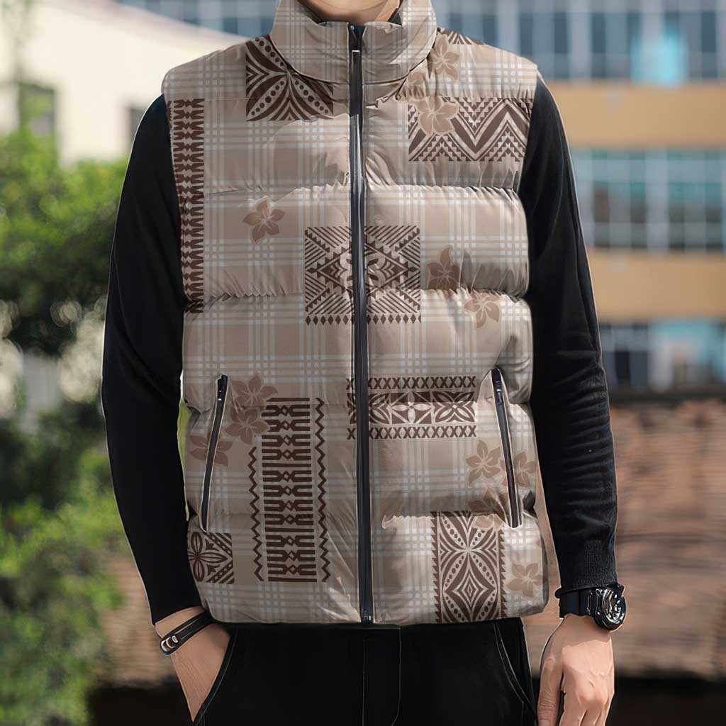 Hawaiian Quilt Tapa On Beige Palaka Motifs Sleeveless Puffer Jacket