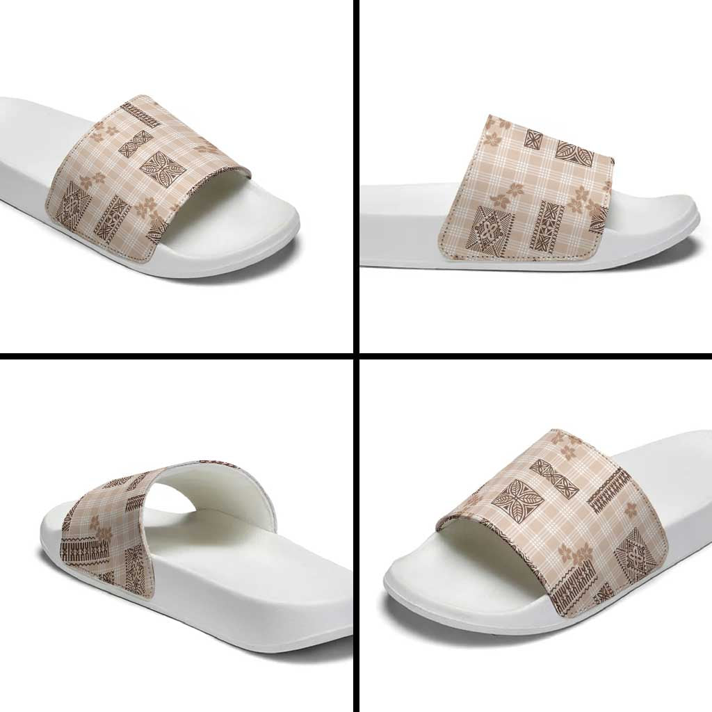 Hawaiian Quilt Tapa On Beige Palaka Motifs Slide Sandals