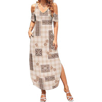 Hawaiian Quilt Tapa On Beige Palaka Motifs Summer Maxi Dress