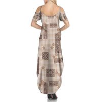 Hawaiian Quilt Tapa On Beige Palaka Motifs Summer Maxi Dress