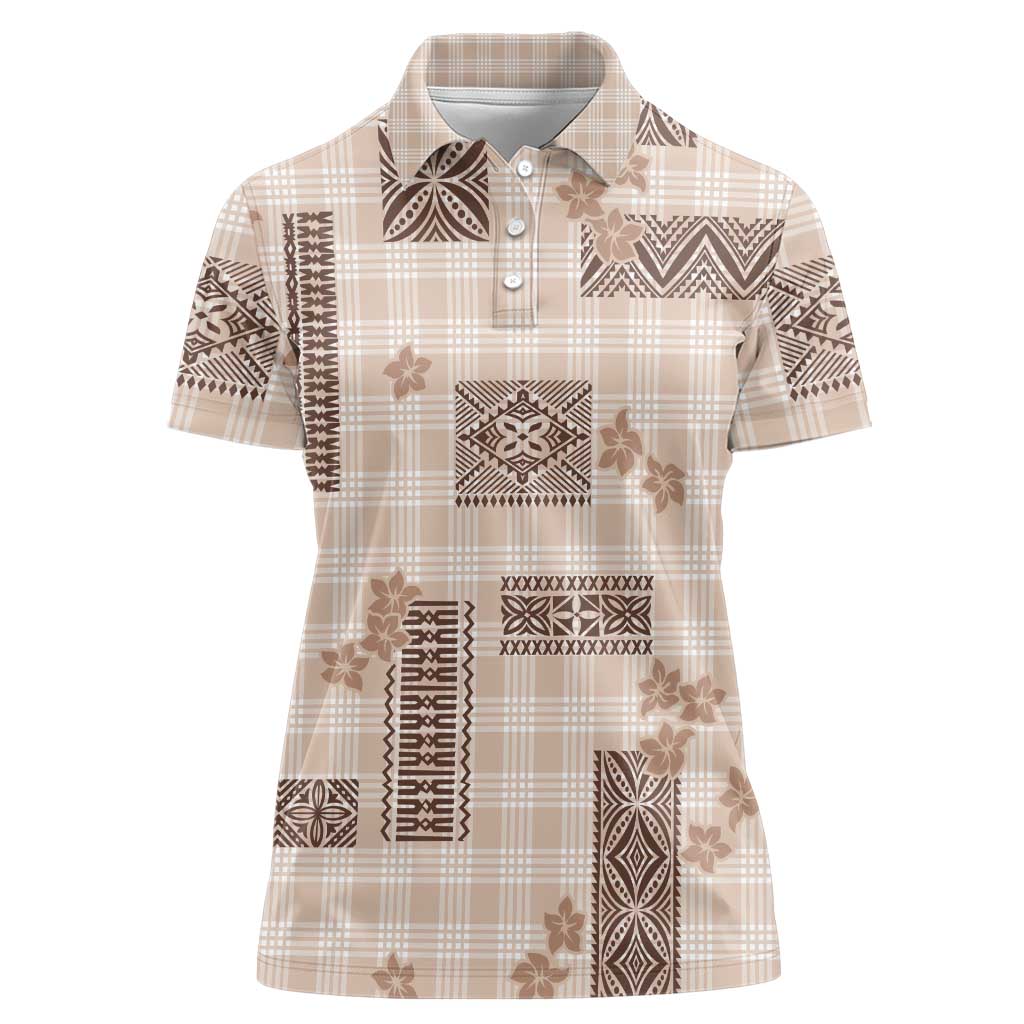 Hawaiian Quilt Tapa On Beige Palaka Motifs Women Polo Shirt