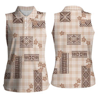 Hawaiian Quilt Tapa On Beige Palaka Motifs Women Sleeveless Polo Shirt