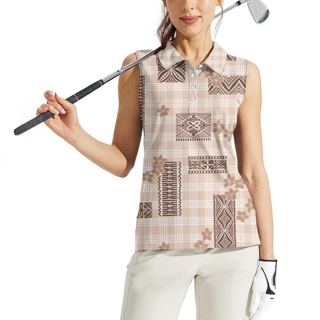 Hawaiian Quilt Tapa On Beige Palaka Motifs Women Sleeveless Polo Shirt