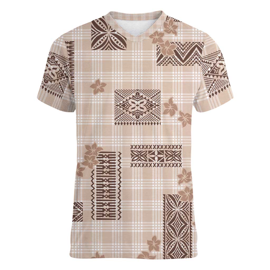 Hawaiian Quilt Tapa On Beige Palaka Motifs Women V-Neck T-Shirt