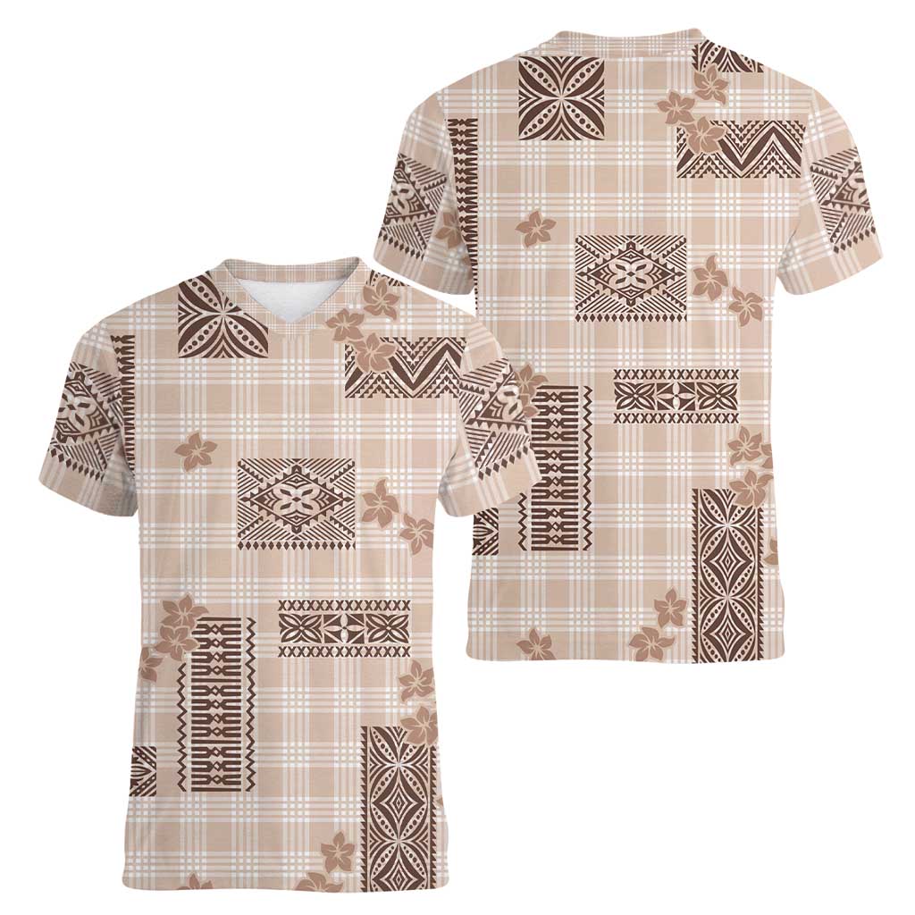 Hawaiian Quilt Tapa On Beige Palaka Motifs Women V-Neck T-Shirt