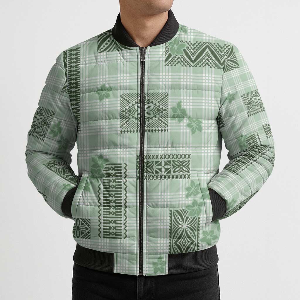 Hawaiian Quilt Tapa On Pastel Mint Palaka Motifs Bomber Puffer Jacket