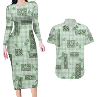 Hawaiian Quilt Tapa On Pastel Mint Palaka Motifs Couples Matching Long Sleeve Bodycon Dress and Hawaiian Shirt LT7 Mint - Polynesian Pride