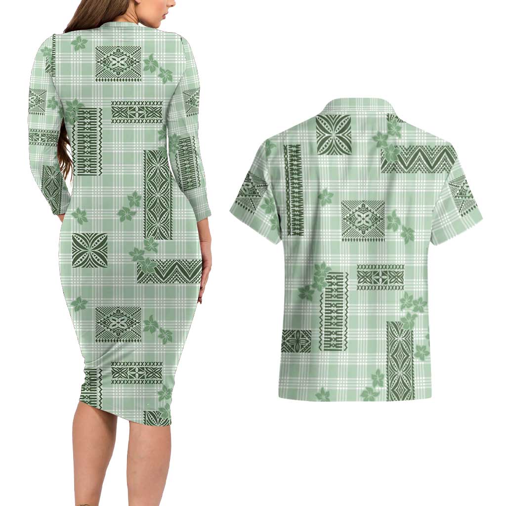 Hawaiian Quilt Tapa On Pastel Mint Palaka Motifs Couples Matching Long Sleeve Bodycon Dress and Hawaiian Shirt LT7 - Polynesian Pride
