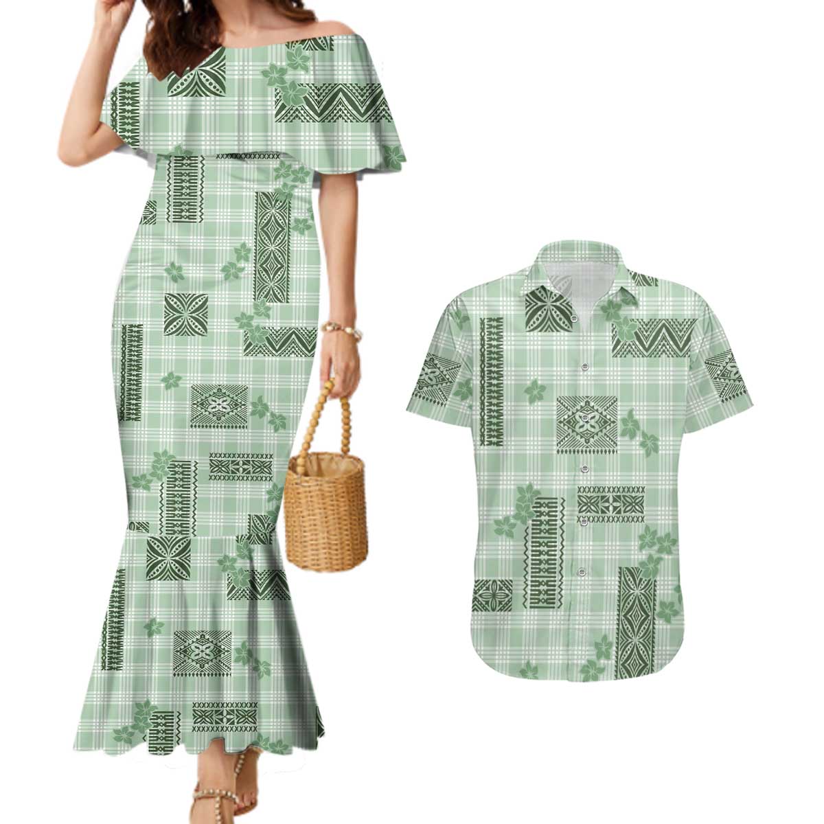 Hawaiian Quilt Tapa On Pastel Mint Palaka Motifs Couples Matching Mermaid Dress and Hawaiian Shirt