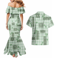 Hawaiian Quilt Tapa On Pastel Mint Palaka Motifs Couples Matching Mermaid Dress and Hawaiian Shirt LT7 - Polynesian Pride