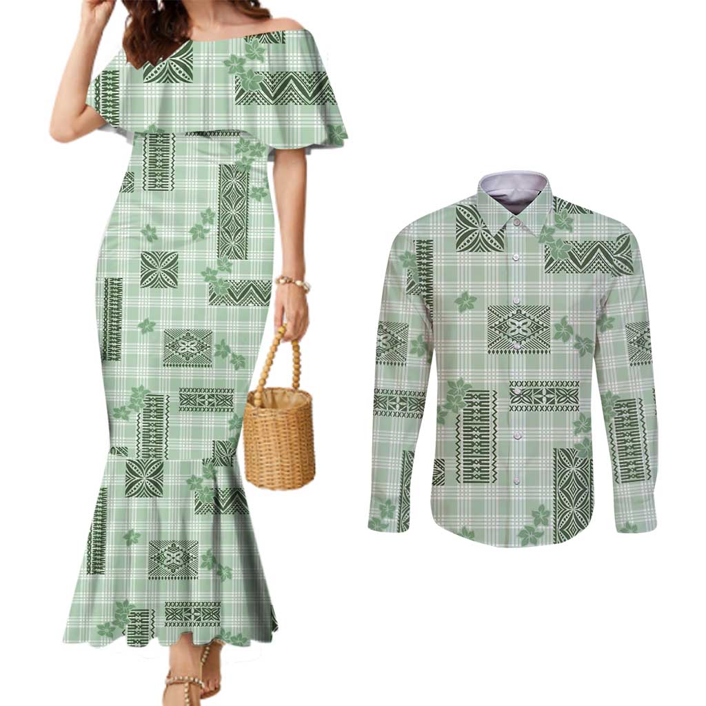 Hawaiian Quilt Tapa On Pastel Mint Palaka Motifs Couples Matching Mermaid Dress and Long Sleeve Button Shirt