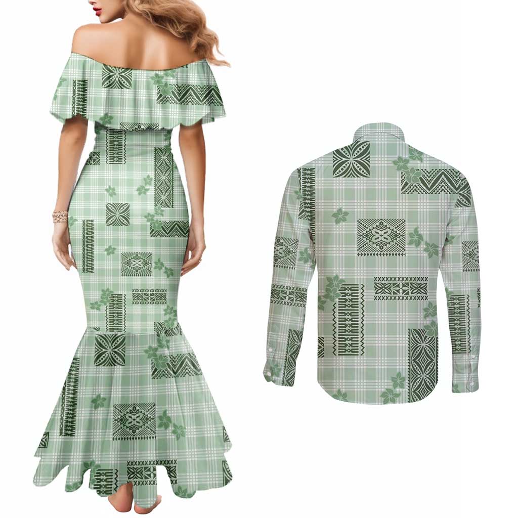 Hawaiian Quilt Tapa On Pastel Mint Palaka Motifs Couples Matching Mermaid Dress and Long Sleeve Button Shirt