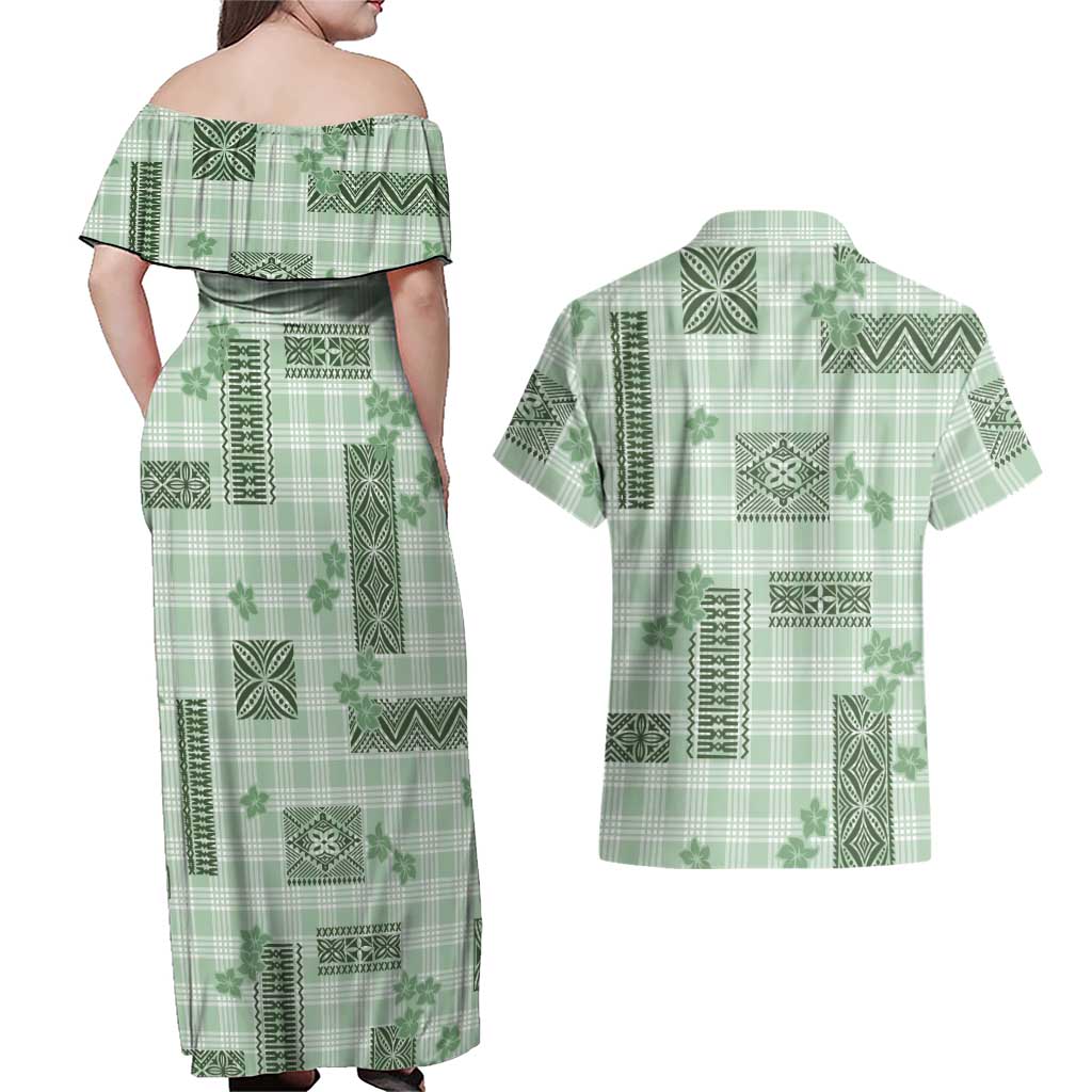 Hawaiian Quilt Tapa On Pastel Mint Palaka Motifs Couples Matching Off Shoulder Maxi Dress and Hawaiian Shirt