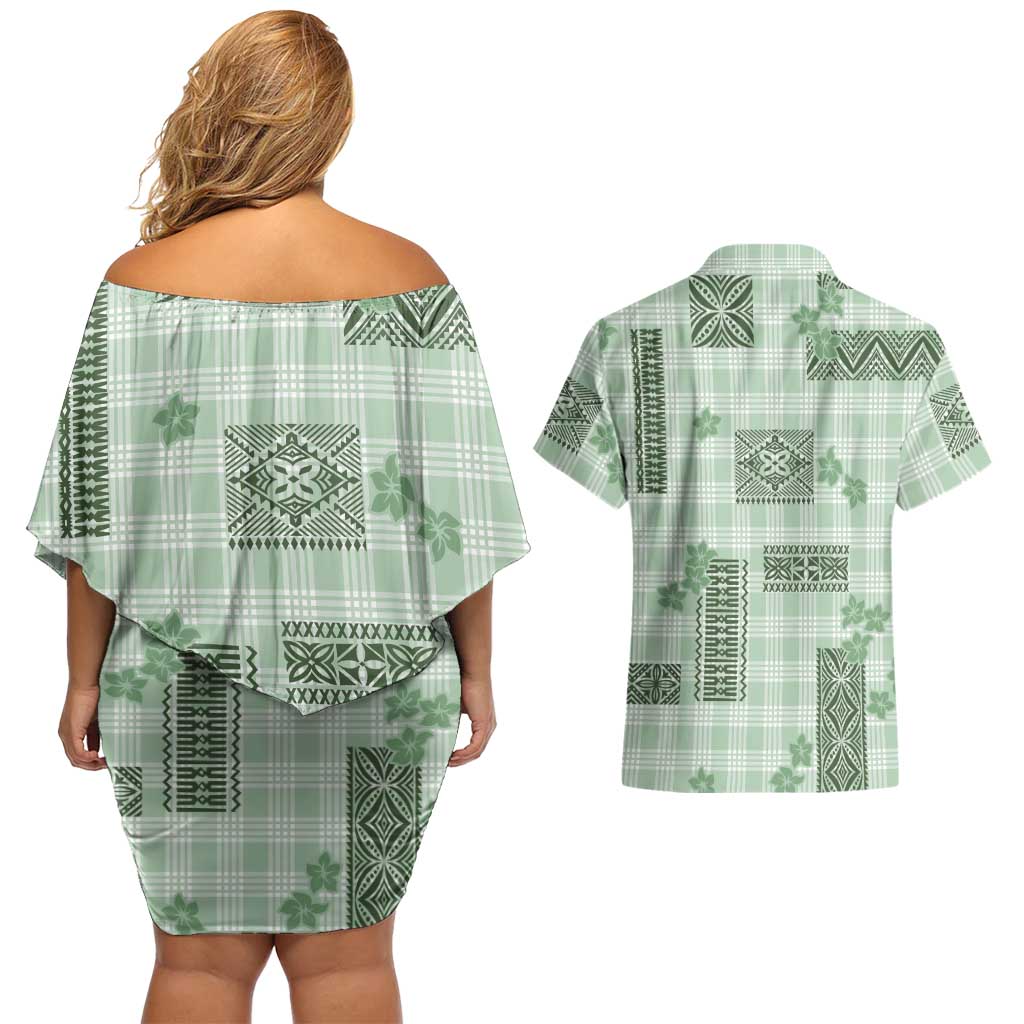 Hawaiian Quilt Tapa On Pastel Mint Palaka Motifs Couples Matching Off Shoulder Short Dress and Hawaiian Shirt