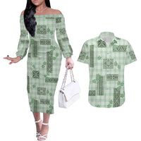 Hawaiian Quilt Tapa On Pastel Mint Palaka Motifs Couples Matching Off The Shoulder Long Sleeve Dress and Hawaiian Shirt LT7 Mint - Polynesian Pride
