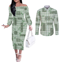 Hawaiian Quilt Tapa On Pastel Mint Palaka Motifs Couples Matching Off The Shoulder Long Sleeve Dress and Long Sleeve Button Shirt LT7 Mint - Polynesian Pride