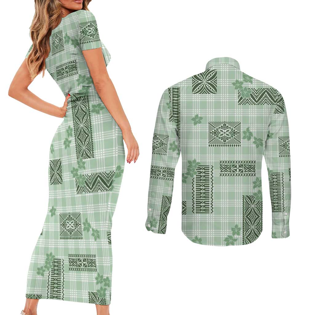 Hawaiian Quilt Tapa On Pastel Mint Palaka Motifs Couples Matching Short Sleeve Bodycon Dress and Long Sleeve Button Shirt