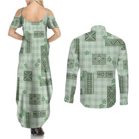 Hawaiian Quilt Tapa On Pastel Mint Palaka Motifs Couples Matching Summer Maxi Dress and Long Sleeve Button Shirt
