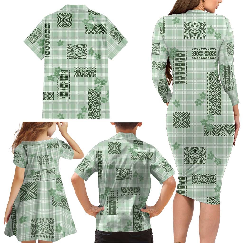 Hawaiian Quilt Tapa On Pastel Mint Palaka Motifs Family Matching Long Sleeve Bodycon Dress and Hawaiian Shirt LT7 - Polynesian Pride