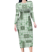 Hawaiian Quilt Tapa On Pastel Mint Palaka Motifs Family Matching Long Sleeve Bodycon Dress and Hawaiian Shirt LT7 Mom's Dress Mint - Polynesian Pride