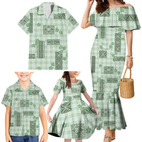Hawaiian Quilt Tapa On Pastel Mint Palaka Motifs Family Matching Mermaid Dress and Hawaiian Shirt LT7 - Polynesian Pride