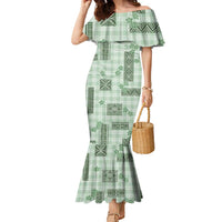 Hawaiian Quilt Tapa On Pastel Mint Palaka Motifs Family Matching Mermaid Dress and Hawaiian Shirt LT7 Mom's Dress Mint - Polynesian Pride