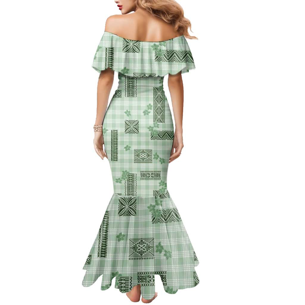Hawaiian Quilt Tapa On Pastel Mint Palaka Motifs Family Matching Mermaid Dress and Hawaiian Shirt LT7 - Polynesian Pride