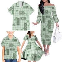 Hawaiian Quilt Tapa On Pastel Mint Palaka Motifs Family Matching Off The Shoulder Long Sleeve Dress and Hawaiian Shirt LT7 - Polynesian Pride