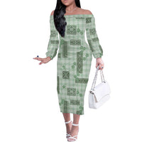 Hawaiian Quilt Tapa On Pastel Mint Palaka Motifs Family Matching Off The Shoulder Long Sleeve Dress and Hawaiian Shirt LT7 Mom's Dress Mint - Polynesian Pride