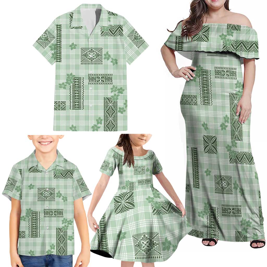 Hawaiian Quilt Tapa On Pastel Mint Palaka Motifs Family Matching Off Shoulder Maxi Dress and Hawaiian Shirt LT7 - Polynesian Pride