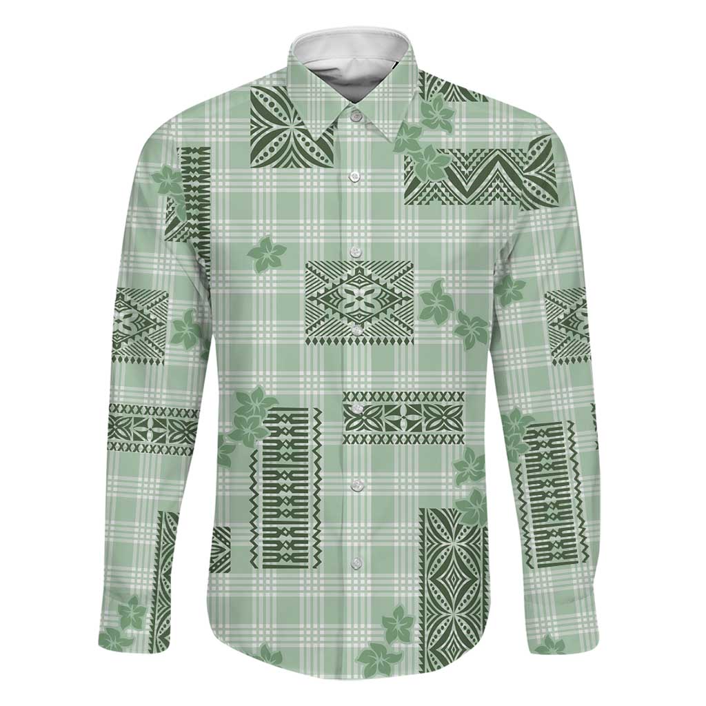 Hawaiian Quilt Tapa On Pastel Mint Palaka Motifs Family Matching Off Shoulder Maxi Dress and Hawaiian Shirt LT7 Dad's Shirt - Long Sleeve Mint - Polynesian Pride