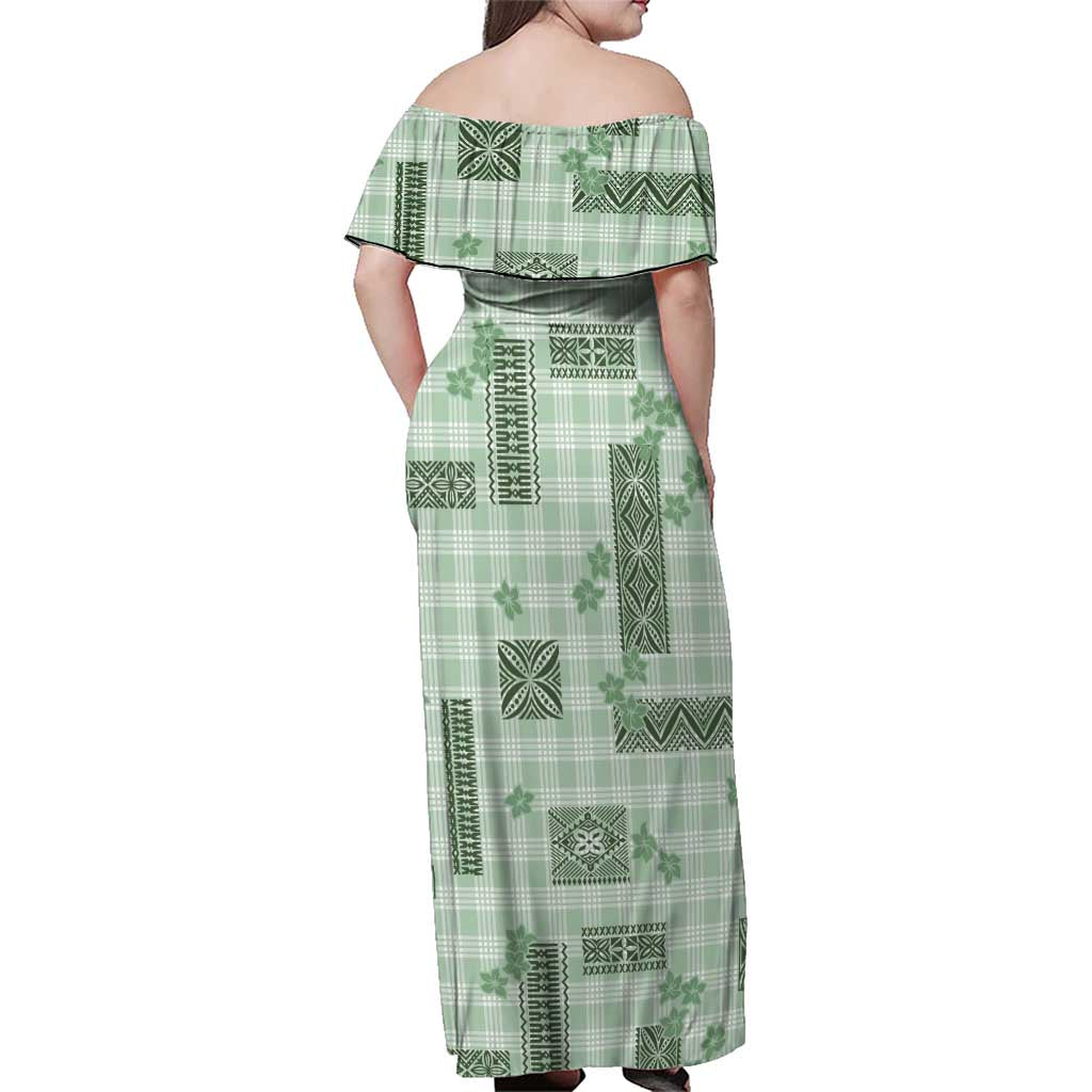 Hawaiian Quilt Tapa On Pastel Mint Palaka Motifs Family Matching Off Shoulder Maxi Dress and Hawaiian Shirt LT7 - Polynesian Pride