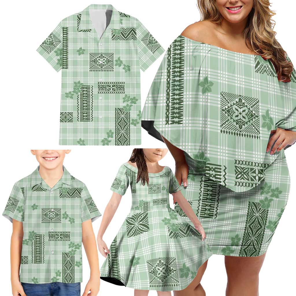 Hawaiian Quilt Tapa On Pastel Mint Palaka Motifs Family Matching Off Shoulder Short Dress and Hawaiian Shirt