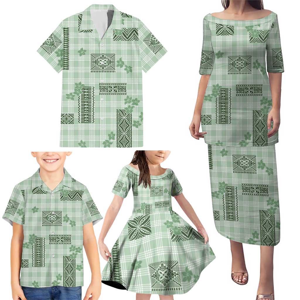 Hawaiian Quilt Tapa On Pastel Mint Palaka Motifs Family Matching Puletasi and Hawaiian Shirt LT7 - Polynesian Pride