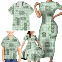 Hawaiian Quilt Tapa On Pastel Mint Palaka Motifs Family Matching Short Sleeve Bodycon Dress and Hawaiian Shirt LT7 - Polynesian Pride