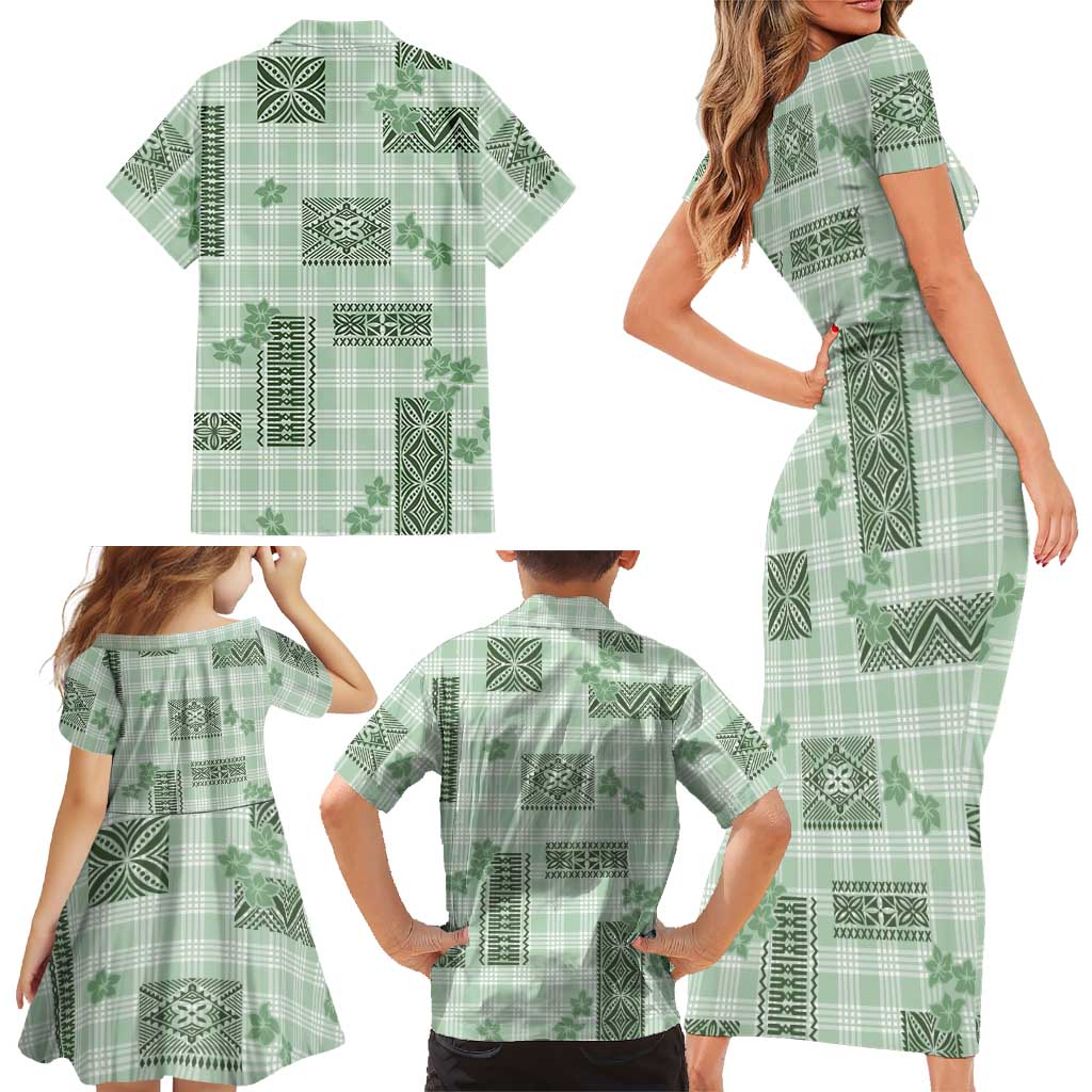 Hawaiian Quilt Tapa On Pastel Mint Palaka Motifs Family Matching Short Sleeve Bodycon Dress and Hawaiian Shirt LT7 - Polynesian Pride