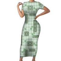 Hawaiian Quilt Tapa On Pastel Mint Palaka Motifs Family Matching Short Sleeve Bodycon Dress and Hawaiian Shirt LT7 Mom's Dress Mint - Polynesian Pride