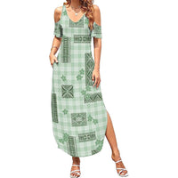 Hawaiian Quilt Tapa On Pastel Mint Palaka Motifs Family Matching Summer Maxi Dress and Hawaiian Shirt LT7 Mom's Dress Mint - Polynesian Pride
