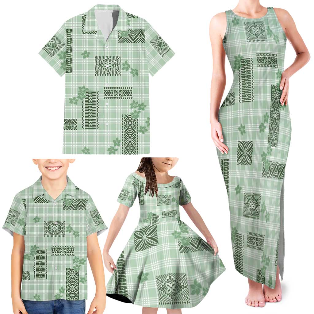 Hawaiian Quilt Tapa On Pastel Mint Palaka Motifs Family Matching Tank Maxi Dress and Hawaiian Shirt LT7 - Polynesian Pride