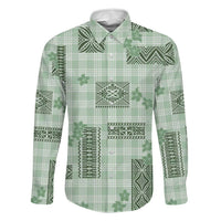 Hawaiian Quilt Tapa On Pastel Mint Palaka Motifs Family Matching Tank Maxi Dress and Hawaiian Shirt LT7 Dad's Shirt - Long Sleeve Mint - Polynesian Pride