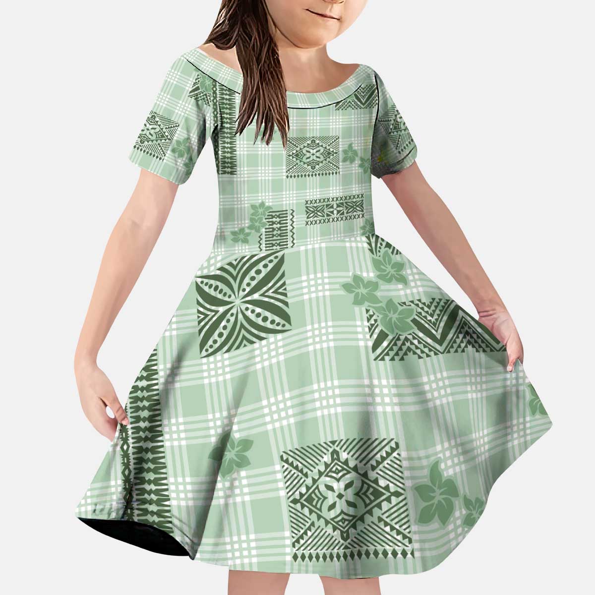 Hawaiian Quilt Tapa On Pastel Mint Palaka Motifs Kid Short Sleeve Dress